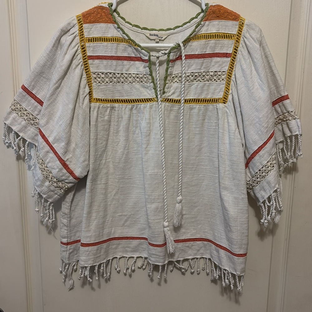 Rocks & Indigo Bohemian Cotton Top With Crochet Size XL